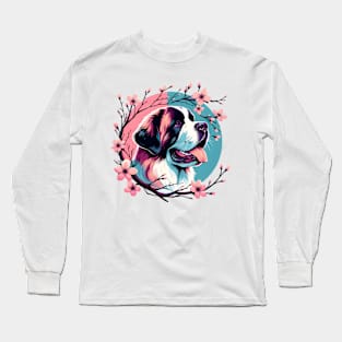 St Bernard Basks in Spring's Cherry Blossoms Long Sleeve T-Shirt